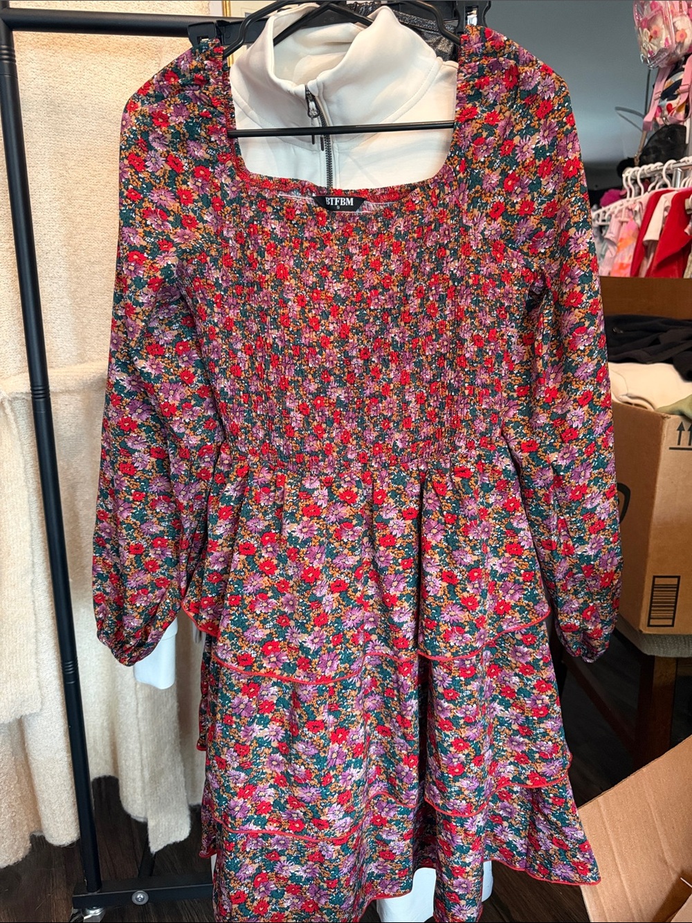 bp Floral Smocked Tiered Dress in Red and Pink